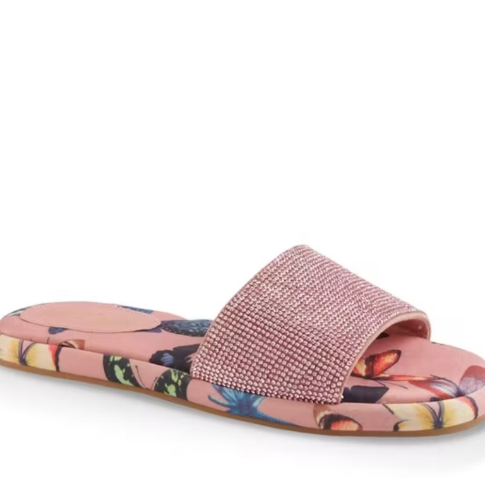 👣ROUGE! Mellow Rhinestone Band Printed Slide Sandals in Pink - Picture 2 of 11